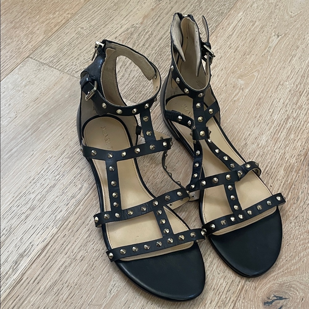 Gold Studded Black Leather Flat Gladiator Sandals